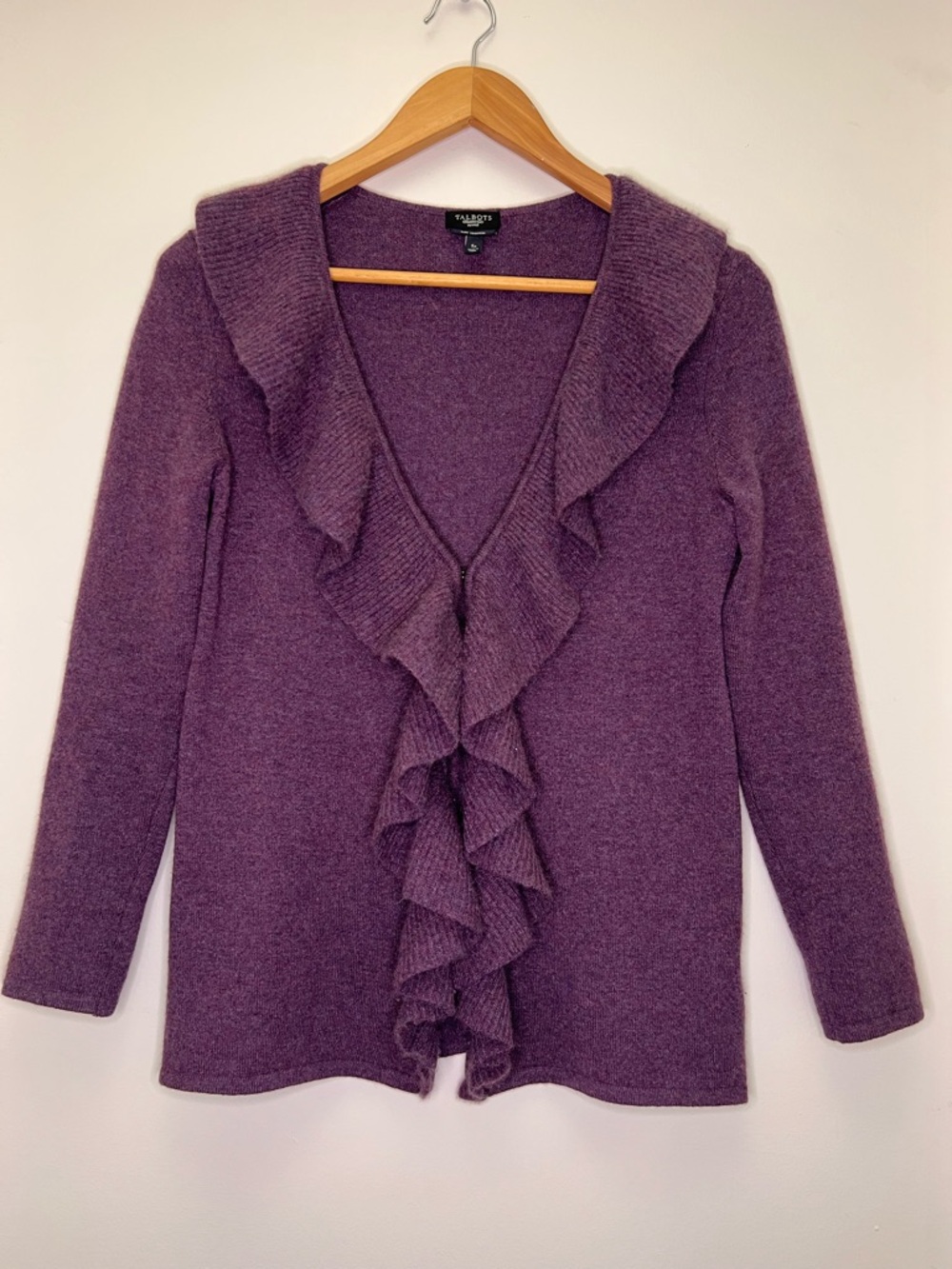 Talbots 100% Cashmere Ruffle Cardigan Purple Sweater Petite Small Soft Luxury